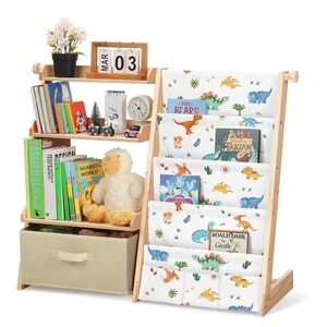 2-in-1 Kids Wooden Bookshelf and Toy Storage Organizer with 4 Sling Pockets and